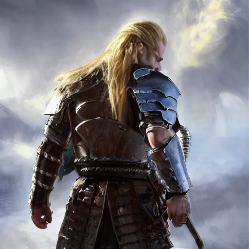 Image similar to rear side portrait of a muscular, ponytail haired blonde man with a armored left arm, wearing a thick brown leather coat, looking to his left, DnD, fantasy, dramatic lighting, digital art by Ruan Jia