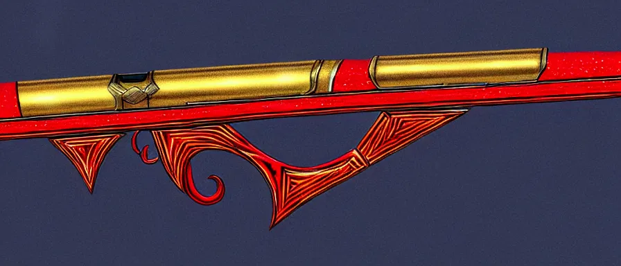 Prompt: a magical shotgun made from glossy red - painted wood and elements of gold metalwork, antique, sawed - off, double - barreled, glowing with blue elertcicity, video game concept art