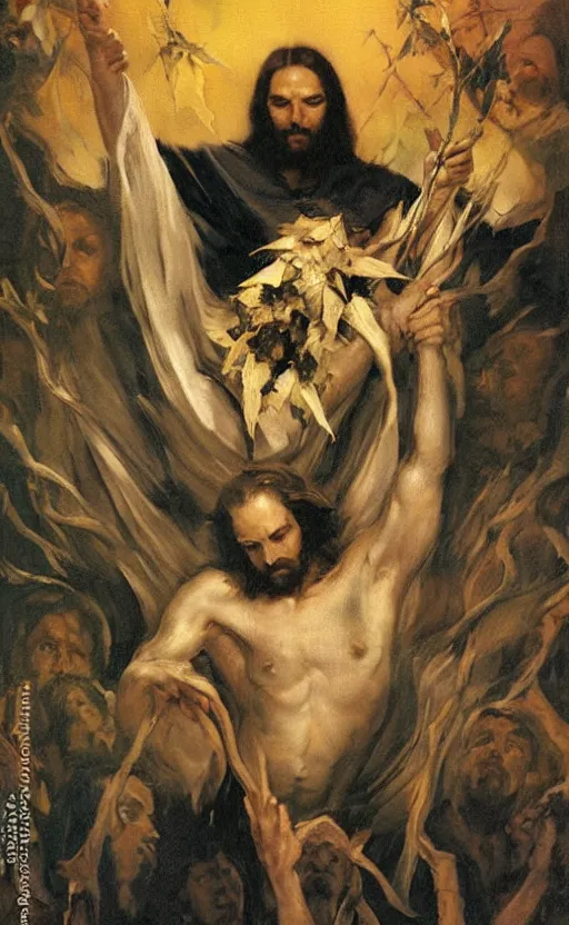 Prompt: evil jesus holding cornucopia!!!!!!!!! 1 sitting on a huge!!!! throne of entwined bodies, elegant, ominous, highly detailed painting by goya!!! phil hale!! gaston bussiere, craig mullins, j. c. leyendecker, 8 k, mid shot