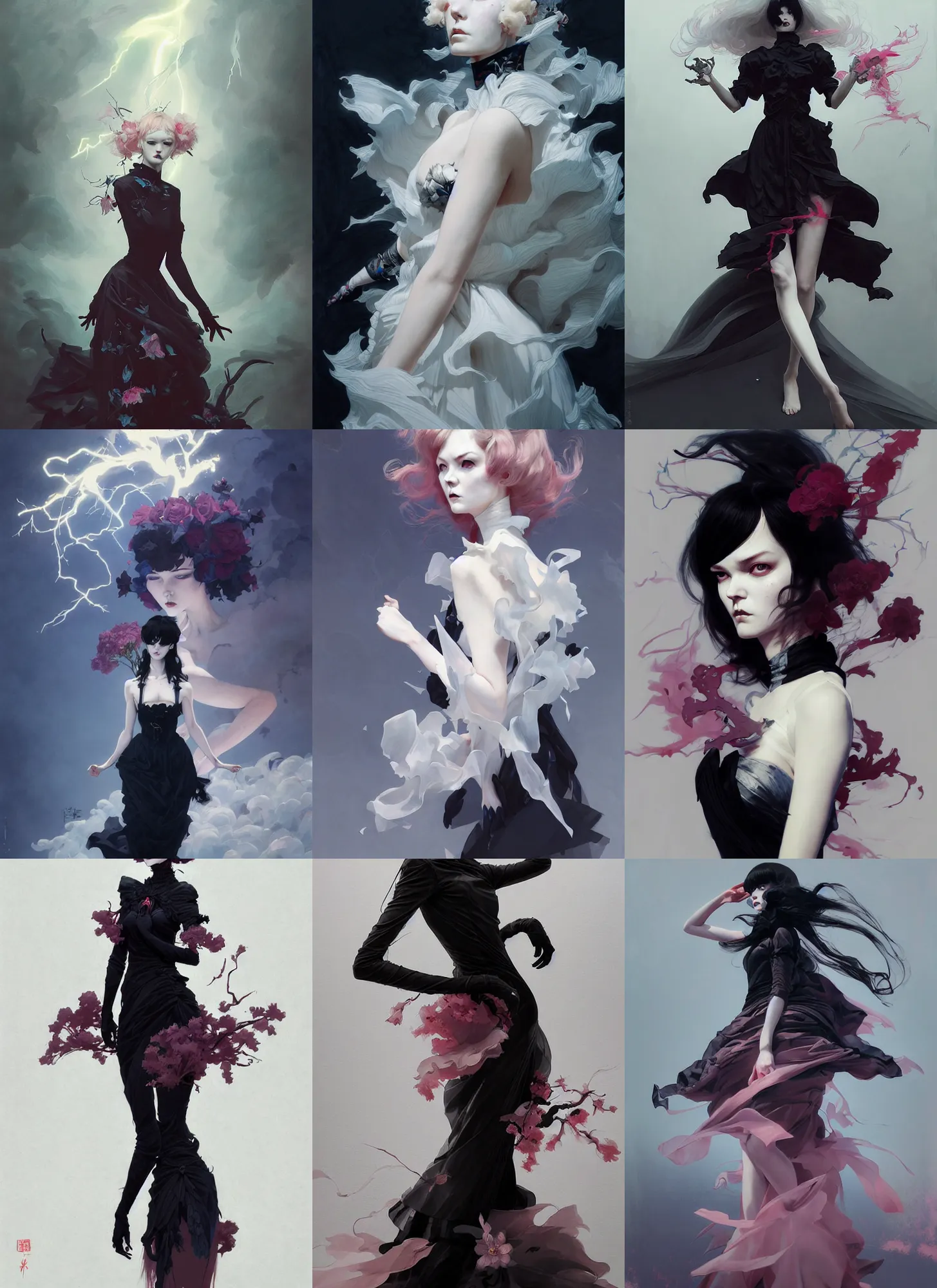 Prompt: character design by james jean, ruan jia, ilya kuvshinov, martine johanna, jakub rebelka ( ( ( portrait of gothic girl in seductive luxurious flowy tornado dress ) ) ) emerging from lighting and powerful thunder, sharp edges. ultra detailed, majestic, intricate,