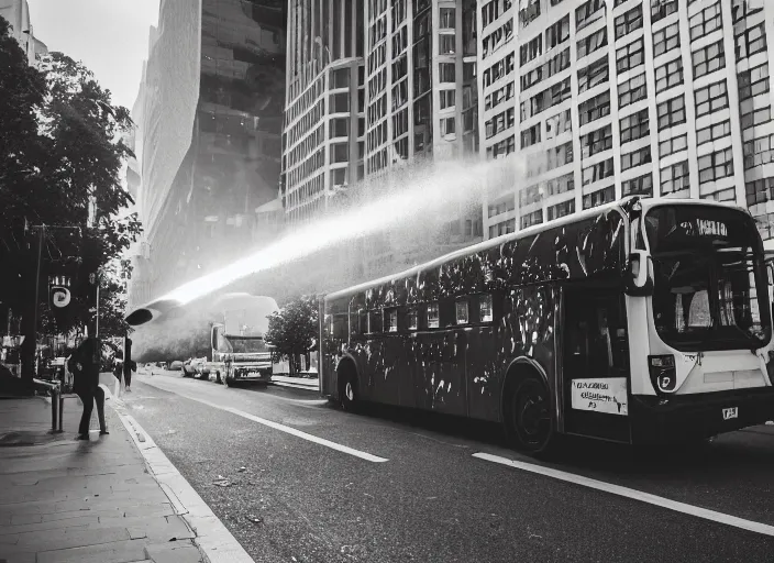 Image similar to a 3 5 mm photo of a city bus on fire, splash art, movie still, bokeh, canon 5 0 mm, cinematic lighting, dramatic, film, photography, golden hour, depth of field, award - winning, anamorphic lens flare, 8 k, hyper detailed, 3 5 mm film grain