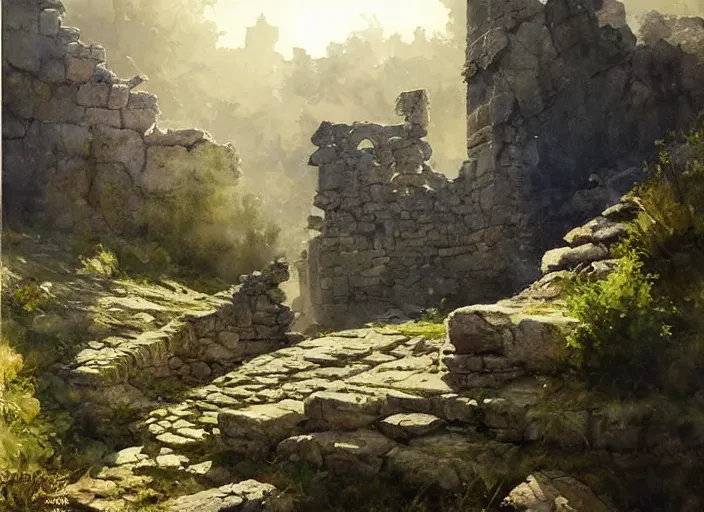 Image similar to watercolor painting of exploring rocky castle ruins, stone walls, very beautiful ambient lighting, sun rays, dust, art by anders zorn, wonderful masterpiece by greg rutkowski, cinematic light, american romanticism by greg manchess, creation by tyler edlin