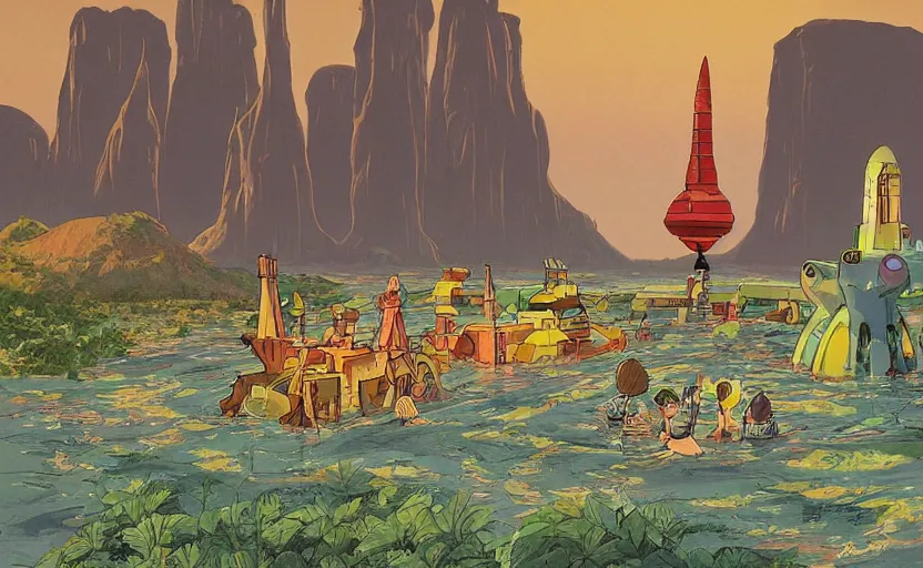 Image similar to a realistic cell - shaded studio ghibli concept art from paprika ( 2 0 0 6 ) of a cubic multi - colored rocketship from close encounters of the third kind ( 1 9 7 7 ) in a flooded monument valley stonehenge jungle jungle on a misty starry night. a camel caravan is in the foreground. very dull colors, portal, hd, 4 k, hq