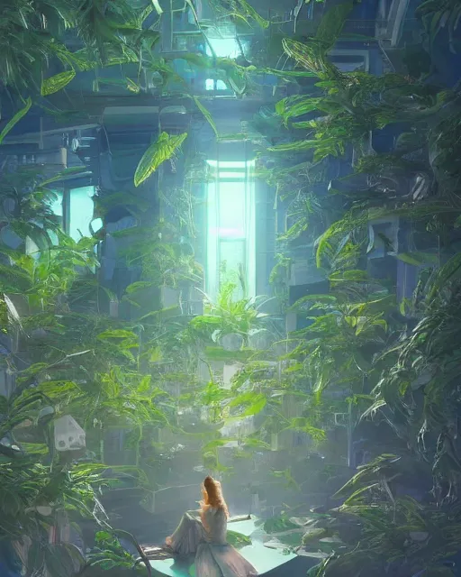 Prompt: beautiful solarpunk girl, scifi, futuristic, bright light, highly detailed, concept art, green plants, school, white building, flowers, utopia, sharp focus, trending on artstation, intricate, atmosphere, sunny, art by roman makarenko, dzung phung dinh