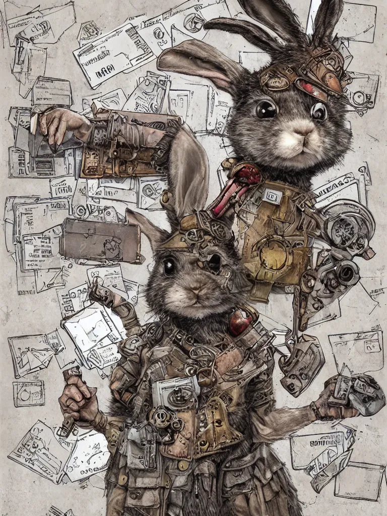 Prompt: a post - apocalyptic steampunk bunny rabbit in the post office trying to mail a package, high def, realistic, fine art, intricate, digital art