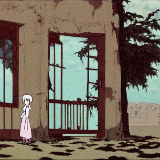 Prompt: ghost of a young girl, a burnt out village, cel shaded, studio ghibli, hayao miyazaki