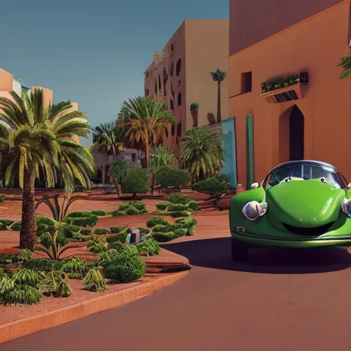 Prompt: illustration of kermit the frog driving in marrakech, morocco, palm trees, 8 k, octane render, hyperdetailed, illustration, oil painting