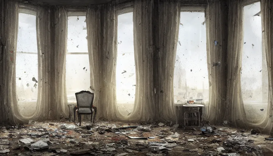 Image similar to abandoned oval office with broken windows covered by cobwebs, destroyed furnitures, dusty floor, old torn curtains, lights through windows, hyperdetailed, artstation, cgsociety, 8 k