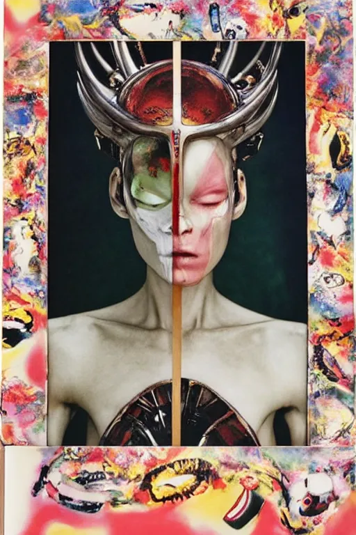 Image similar to polaroid still symmetry frame from Alien Covenant movie by Takashi Murakami, from Pan's Labyrinth (2006) by James Stokoe, viking king and queen, dressed by Salvatore Ferragamo and by Chanel, haute couture painted by Peter Paul Rubens and by John Baeder, editorial fashion photography from vogue magazine, in coral stalagmite by Jean-Michel Basquiat