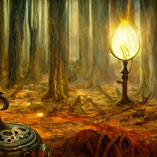 Image similar to chiaroscuro oil on canvas hdr flambient cinematic matte painting of a strange sci-fi fantasy magical industrial alien technology time travel device rotting in a dreamlike forest