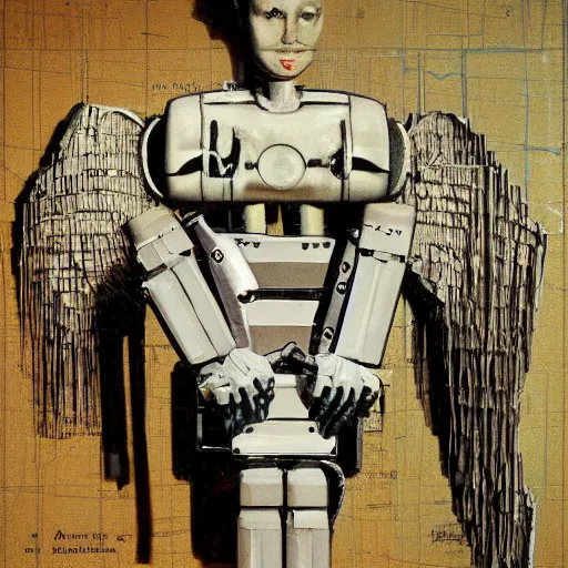 Prompt: a beautiful painting of half of a robot angel torso hung by wires by Norman Rockwell, trending on artstation | Glitched art cubes