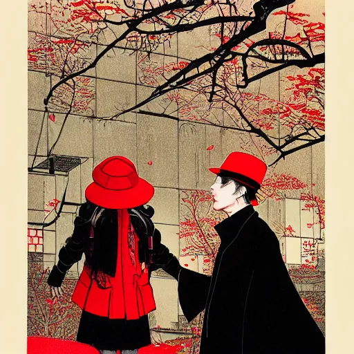 Prompt: a highly detailed epic cinematic concept art, cyberpunk, a thin man in a black coat and bowler hat talks with small young girl who is dressed in a red coat and a red hat, park, autumn, art by Takato Yamamoto and James Jean, high detail, width 768