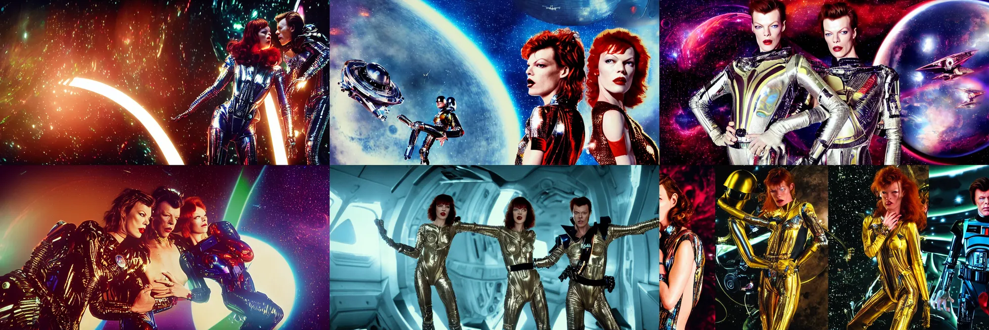 Prompt: milla jovovich and david bowie wearing a rocknroll glitzy glamour spacesuit, psychedelic, surreal, beautiful, heroic action pose, stunning alien landscape, cinematic, dramatic studio lighting, wide shot, in the style of kubrick, ridley scott, jodorowsky, dune, star wars, transformers, moulin rouge, tim burton, illustration, octane render 8 k