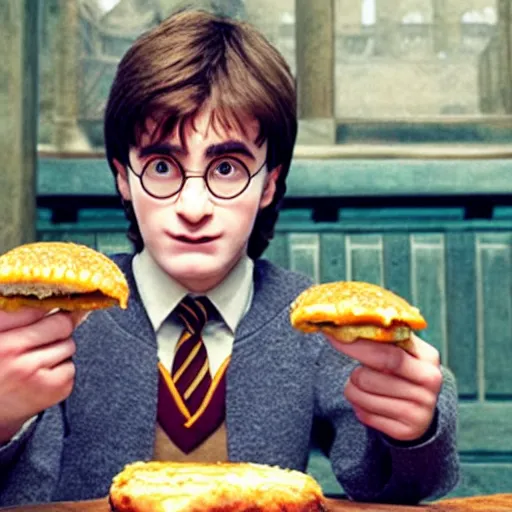 Image similar to Harry Potter eating a cheeseburger, photo realistic, award-winning, highly-detailed, epic, cinematic, dramatic