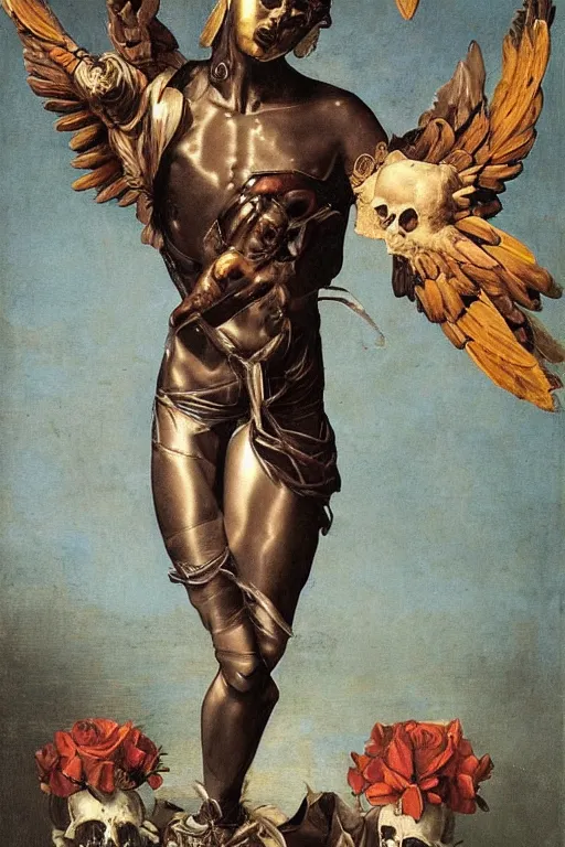 Image similar to a young handsome Spanish metal android with a large glowing battery in the center of his chest in a full-body bronze cyberpunk style statue of Icarus with glowing blue eyes, crown of peach roses, flowing teal-colored silk, fabric, flowers. baroque elements, human skull. full-length view. baroque element. intricate artwork by caravaggio. many many birds birds on background. Trending on artstation, octane render, cinematic lighting from the right, hyper realism, octane render, 8k, depth of field, 3D