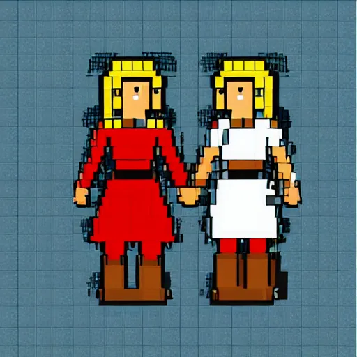 Prompt: two women holding hands in medieval fantasy kitchen, 8 bitfiction, pixel art