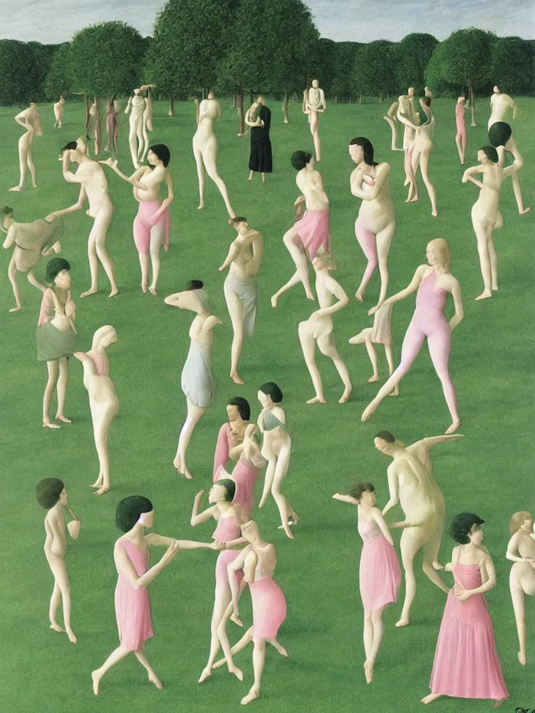 Image similar to A stylish group of disco dancers, dancing outside in a lush green field, pastel colors, long shadows. Painting by Alex Colville, Piero della Francesca