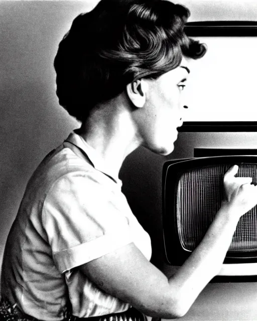 Image similar to a woman staring angrily into old TV, black-and-white photo, 1960s, hyperrealistic, old photo