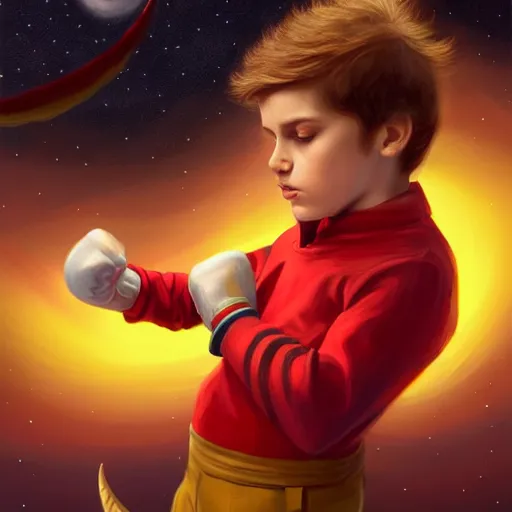 Image similar to colorful and festive captivating young child boy, brown fluffy hair, wearing red and yellow hero suit, shooting a crescent moon out of his fist. full body, rich vivid colors, ambient lighting, dynamic lighting, 4 k, atmospheric lighting, painted, intricate, highly detailed by charlie bowater