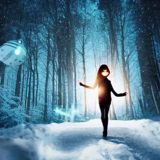 Prompt: girl in dark snowy forest surrounded by a beam of light shooting down around her from a large UFO above, high quality, realistic, cinematic
