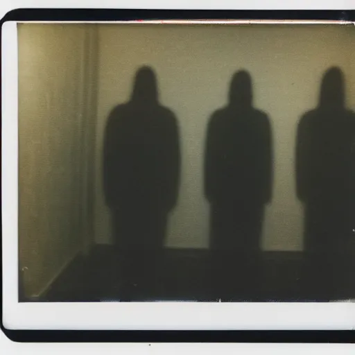 Prompt: grainy polaroid photos of a dark abandoned room with three dark shadowy human figures lit by camera flash - n 9