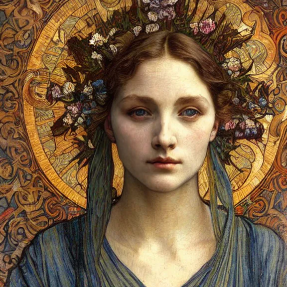 Image similar to detailed realistic beautiful young medieval queen face portrait by jean delville, alphonse mucha, vincent van gogh, and marco mazzoni, art nouveau, symbolist, visionary, gothic, pre - raphaelite