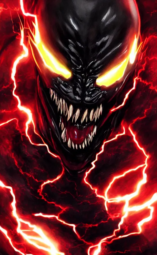 Image similar to full body portrait of venom as the flash, black and red, dynamic lighting, cinematic, ultra detailed, trending on art station, stunning visuals, creative, fantasy concept art