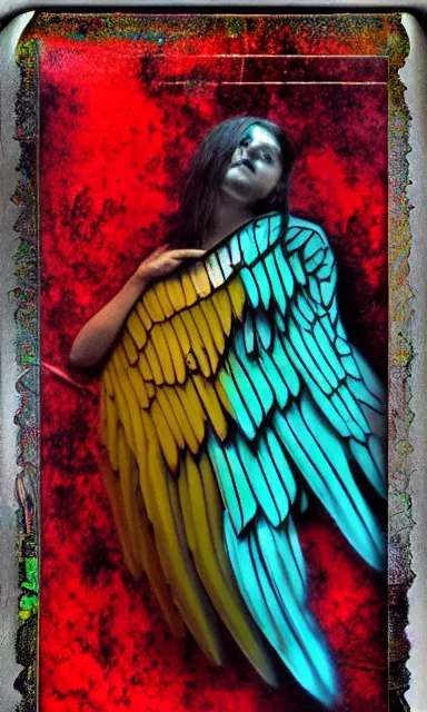 Prompt: crystal wings, waporwave polaroid, a greg rutkowsi photograph, devianart photoshoot, metal acid deep colors, fallen angel of death, love broken