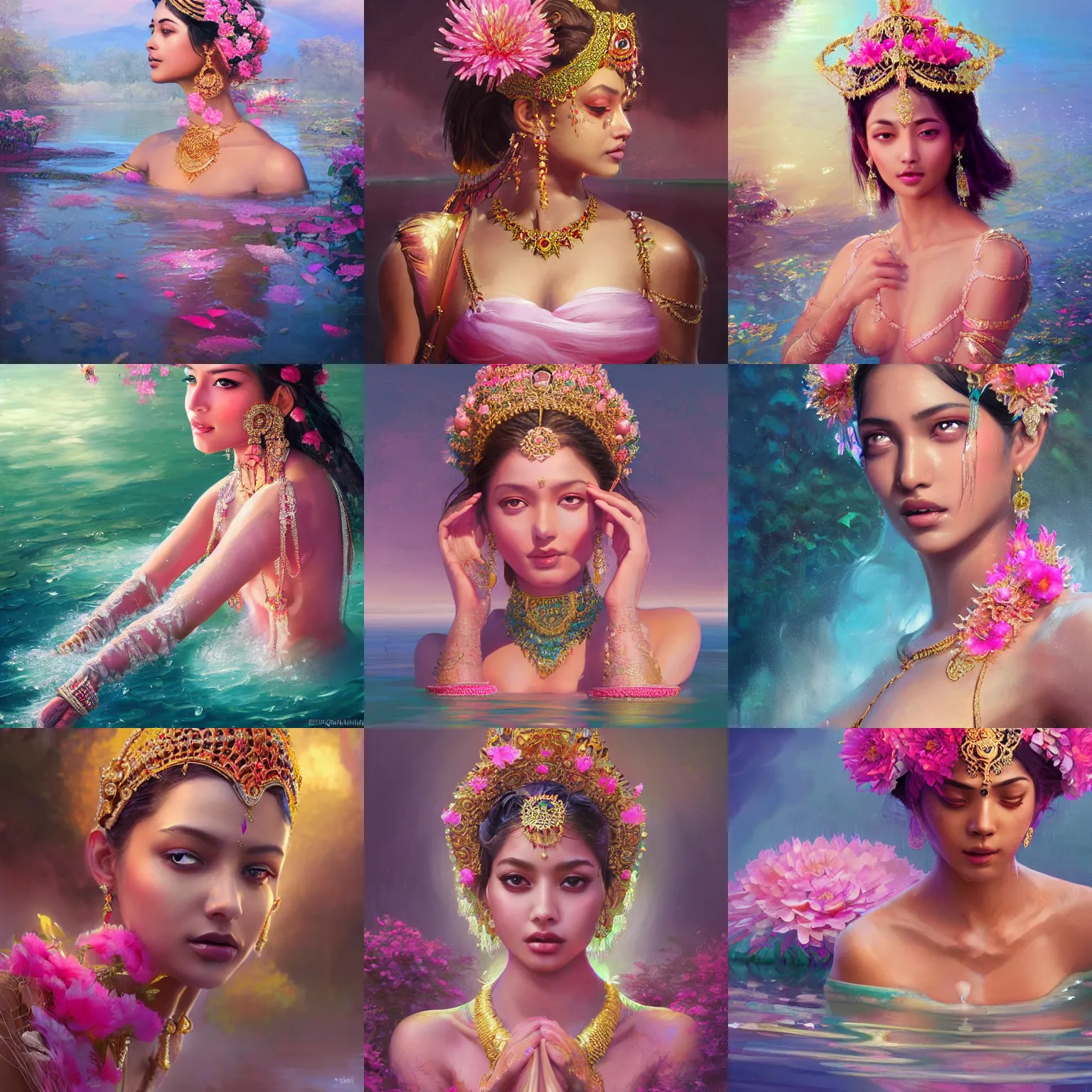 Prompt: expressive oil painting, of alluring indian princess in lake, smooth glowing skin, glistening body, ornate headpiece made from pink flowers, glamour shot, by yoshitaka amano, by greg rutkowski, by jeremyg lipkinng, by artgerm, digital art, octane render