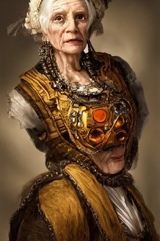 Prompt: portrait, headshot, digital painting, of a old 17th century, old lady cyborg merchant, amber jewels, baroque, ornate clothing, scifi, futuristic, realistic, hyperdetailed, chiaroscuro, concept art, art by waterhouse and witkacy