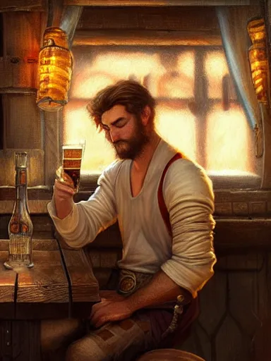 Image similar to a young handsome guy, drinking beer in a tavern. intricate, elegant, highly detailed, digital painting, artstation, concept art, sharp focus, illustration, by justin gerard and artgerm, 8 k