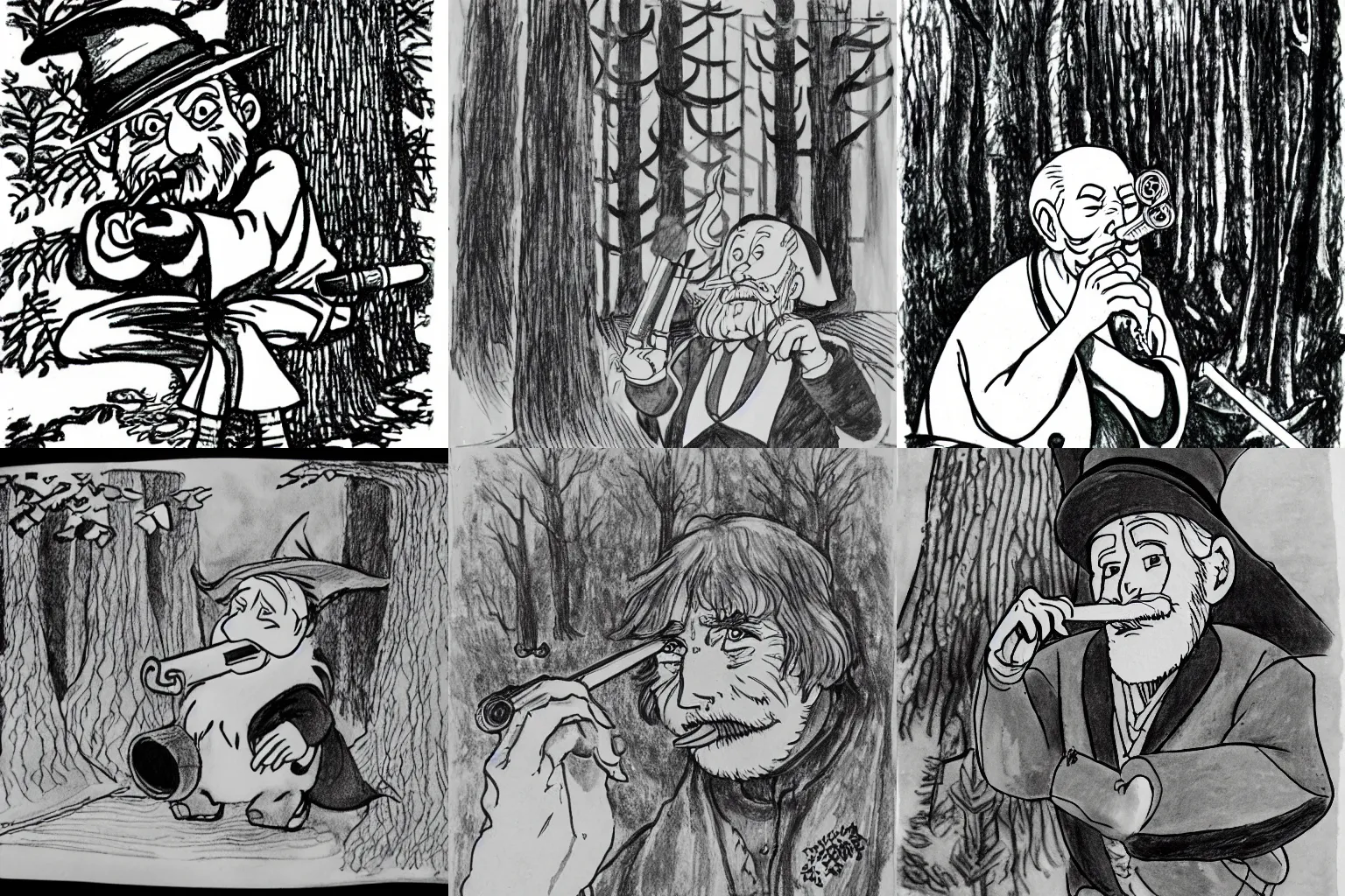Prompt: ink drawing of an old wizard smoking a pipe in a forest, studio Ghibli,