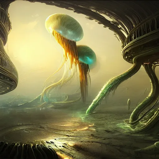 Image similar to photorealistic beautiful alien jellyfish palace world in the style of greg rutkowski and michael whelan. hyperdetailed photorealism, 1 0 8 megapixels, imposing, amazing depth, glowing rich colors, powerful imagery, psychedelic overtones, 3 d finalrender, 3 d shading, cinematic lighting, artstation concept art