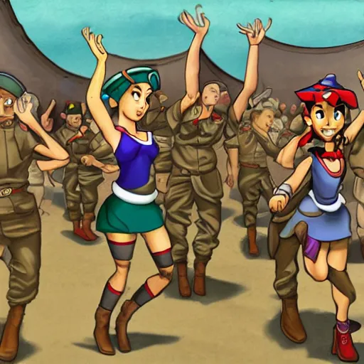 Image similar to shantae dancing in prison camp, wwii, full color