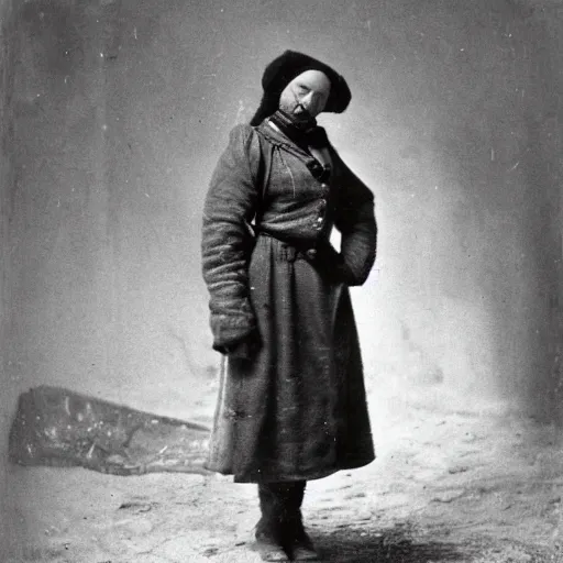 Prompt: Woman wearing burlap coat in Russia, 1839, photo, cinematic lighting, melancholy