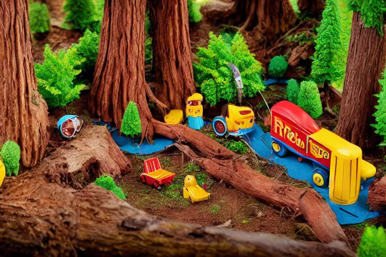 Image similar to fisher price redwood forest, california scene from tv show hyper detailed 5 5 mm 8 5 mm, toy photography, made out of plastic