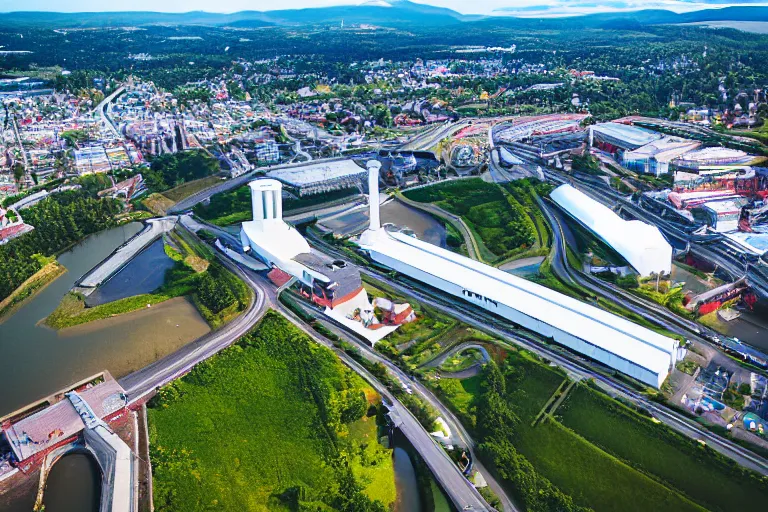 Image similar to bird's eye view photography of a small city. town hall, central farm, monorail station, inlet and shipping dock. hills, woods and pond to the north.