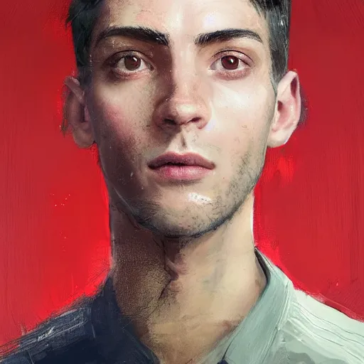 Image similar to Portrait of a man by Greg Rutkowski, he is about 20 years old, copper short hair, his features are a mix between Scottish and Arabian, strong and tall, older brother vibes, he is wearing utilitarian red and black jumpsuit, highly detailed portrait, digital painting, artstation, concept art, smooth, sharp foccus ilustration, Artstation HQ.