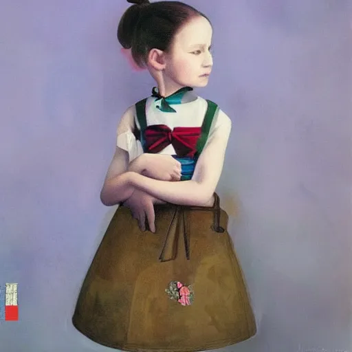 Prompt: little girl wearing an gucci's outfit. digital artwork made by ayama kojima, inspired by balthus, highly detailed, realistic,