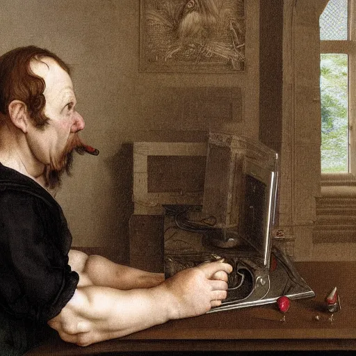 Prompt: angry scottish man at computer, detailed, ray tracing, 4 k, by albrecht durer