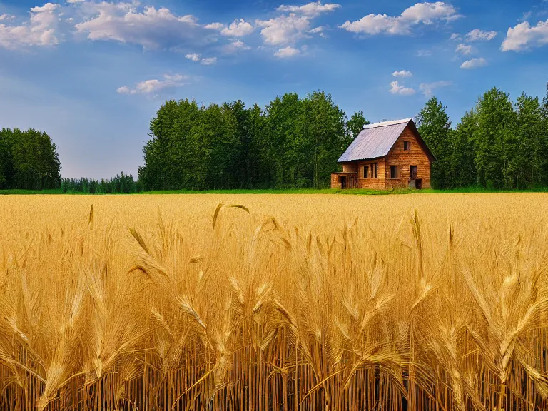 Image similar to hyperrealism photography of beautiful eco house around the forest in small ukrainian village by taras shevchenko, wheat field behind the house