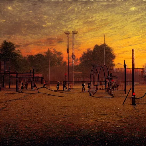 Prompt: burning sky over an empty playground, artwork by John Atkinson Grimshaw, highly detailed, cinematic masterpiece, digital art, 8k resolution, trending on art station