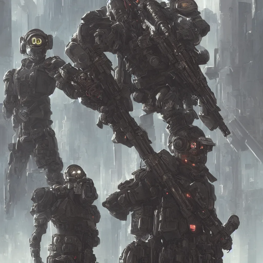 Image similar to portrait of a cyberpunk special forces with power infantry armor, high detail, by Makoto Shinkai and Raphael Lacoste, trending on artstation