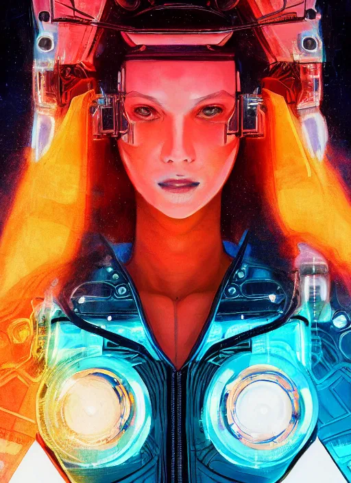 Image similar to symmetry!!! closeup portrait of a cyborg neon transparent girl, fashion racing jumpsuit with big shoulder pads, cinematic light, backlight, windy, teal orange, volumetric smoke, mist, by gerald brom, by mikhail vrubel, by peter elson, muted colors, extreme detail, trending on artstation, 8 k