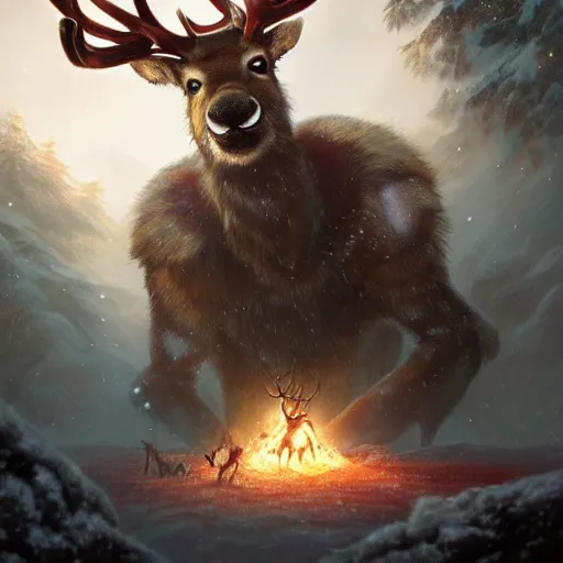 Prompt: Reindeer, Anthropomorphized, casting epic spell, magic the gathering artwork, D&D, fantasy, cinematic lighting, centered, symmetrical, highly detailed, digital painting, artstation, concept art, smooth, sharp focus, illustration, volumetric lighting, epic Composition, 8k, art by Akihiko Yoshida and Greg Rutkowski and Craig Mullins, heroic pose, oil painting, cgsociety, magic lab background