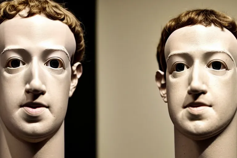 Image similar to mark Zuckerberg mannequin just woke up and is taking his human pills