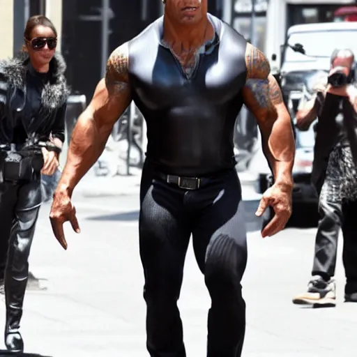 Prompt: Dwayne Johnson as Catwoman Paparazzi photograph