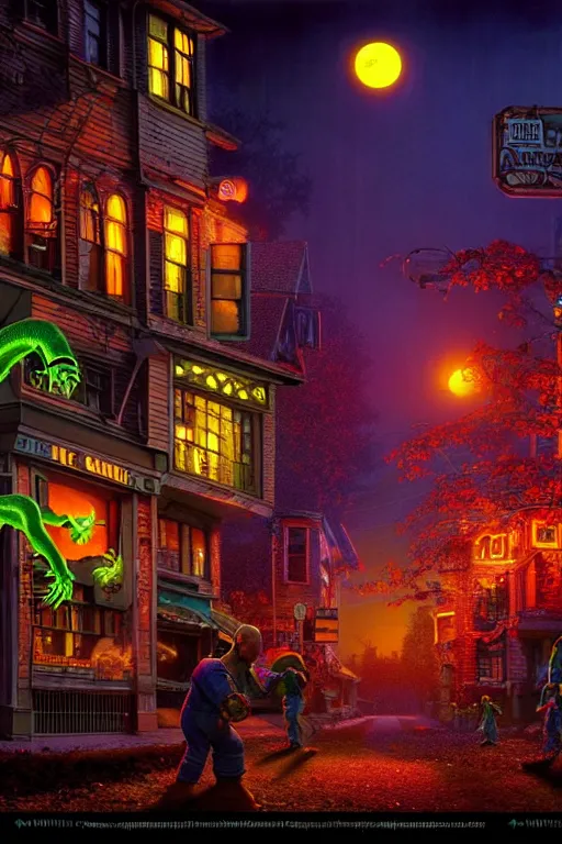 Prompt: a hyperrealistic vray rendering of a quiet autumn town being invaded by glowing ugly toxic dangerous monsters in the night, cinematic horror by chris cunningham, lisa frank, richard corben, highly detailed, vivid color,