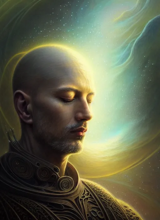 Image similar to closeup portrait shot of a male meditation in cosmic galaxy in a scenic dystopian environment, intricate, elegant, highly detailed, centered, digital painting, artstation, concept art, smooth, sharp focus, illustration, artgerm, tomasz alen kopera, peter mohrbacher, donato giancola, joseph christian leyendecker, wlop, boris vallejo