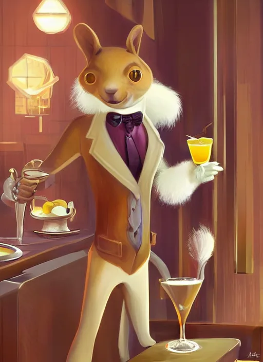 Prompt: squirrel anthro as a dapper bartender with a big, fluffy tail, retro futurism, art deco, detailed, painterly digital art by WLOP and Cory Loftis and Mark Arian, 🐿🍸🍋, furaffinity, trending on artstation